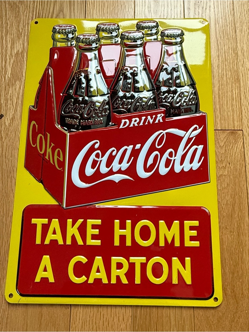 Coca-Cola Red and Yellow Six-Pack Metal Sign